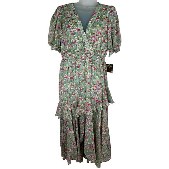 NEW Taylor Floral Print Chiffon Smocked A Line Summer Spring Dress Green Sz 8 - Picture 3 of 14